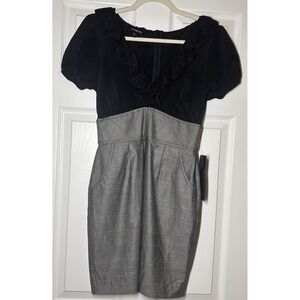 Bebe Women's Short Sheer Cap Sleeve Ruffle Neck Black & Gray Dress NWT Size 6